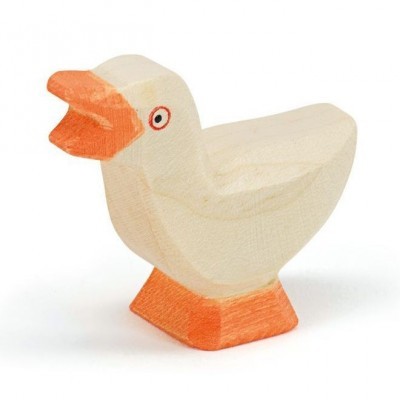 Boneco de pato em madeira pintada branco e laranja