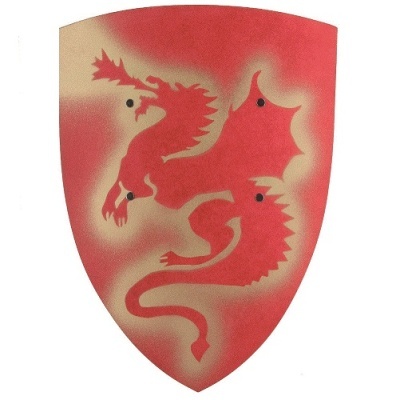 Escudo de brinquedo vermelho com desenho de dragão