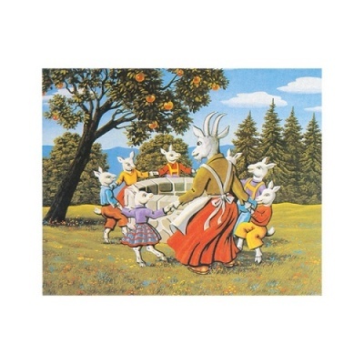 Ilustração de cabra e cabritinhos num campo com árvore e floresta ao fundo