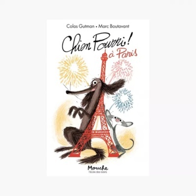 Livro Chien Pourri! à Paris com ilustração de cães e Torre Eiffel
