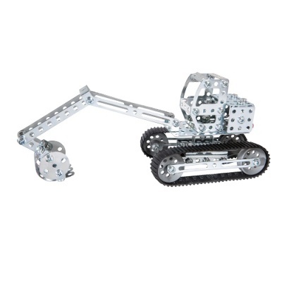 Modelo metálico prateado de escavadora com rodas de borracha preta