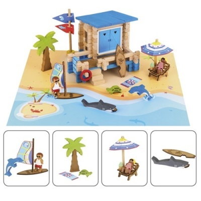 Brinquedo de madeira de cena de praia com casa azul e figuras várias