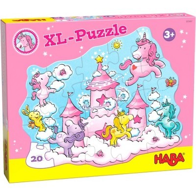 Caixa de puzzle XL com unicórnios e castelos em cores pastel e texto XL-Puzzle HABA 3+