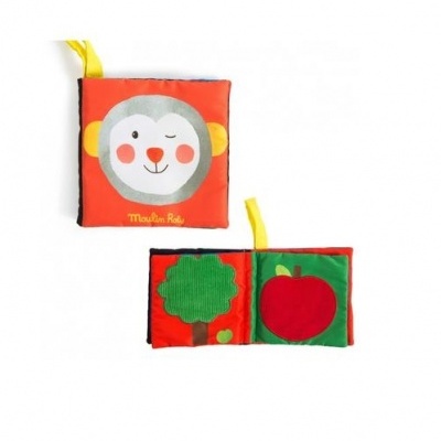Livro de tecido para bebé com macaco e páginas de árvore e maçã coloridas.