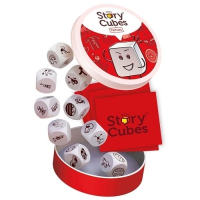 Jogo de dados Story Cubes Heroes com dados brancos e caixa vermelha e branca