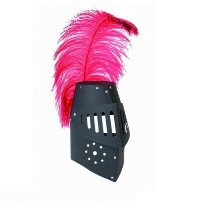 Elmo de cavaleiro preto com pena rosa