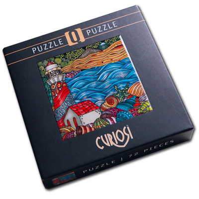 Caixa preta de puzzle com ilustração colorida de farol e mar