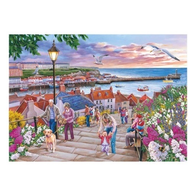 Pintura colorida de escadaria costeira com pessoas, barcos e flores