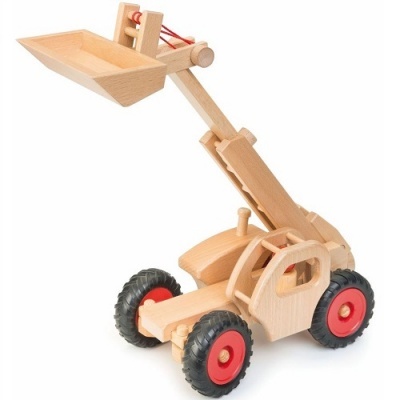 Brinquedo de madeira empilhadora com fourche e rodas vermelhas