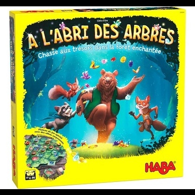Caixa de jogo de tabuleiro amarelo com ilustração de animais na floresta e texto A L'ABRI DES ARBRES.