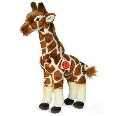 Peluche girafa castanho e branco com etiqueta vermelha