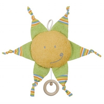 Brinquedo musical em forma de sol sorridente com tecido felpudo colorido