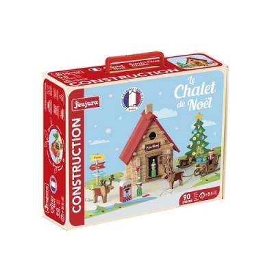 Conjunto construção Jeujura Le Chalet de Noël com cabana de madeira e renas