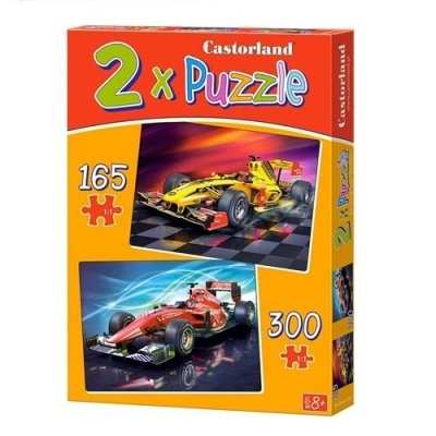 Caixa de puzzle Castorland com dois puzzles, imagens de carros de fórmula 1 em amarelo e vermelho