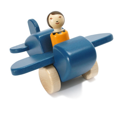 Brinquedo de avião em madeira azul com figura humana