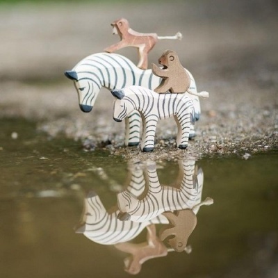 Brinquedos de madeira pintados de zebras e macacos refletidos na água