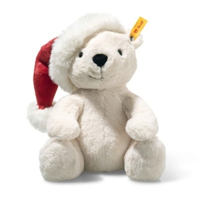 Ursinho de peluche branco com gorro de Natal vermelho e branco