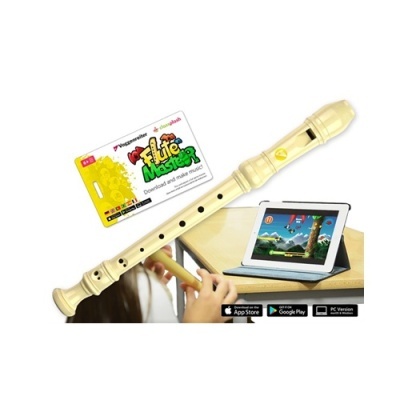 Flauta soprano de plástico creme com jogo no tablet e cartão de download