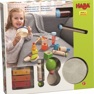Conjunto musical HABA para crianças com vários instrumentos coloridos de madeira