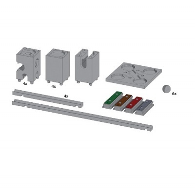 Conjunto de peças modulares cinza com blocos coloridos e placas
