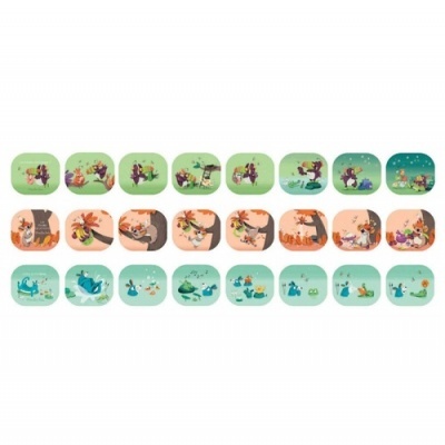 24 quadrados ilustrados com personagens coloridos em vários cenários naturais