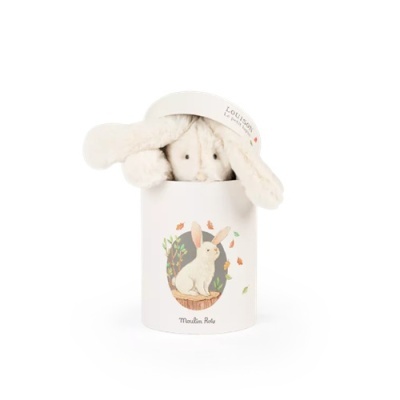 Peluche coelho branco numa caixa cilíndrica com ilustração e texto