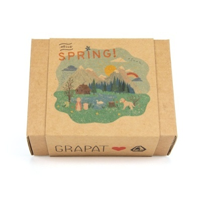 Caixa de cartão castanha com desenho colorido e texto HELLO SPRING!