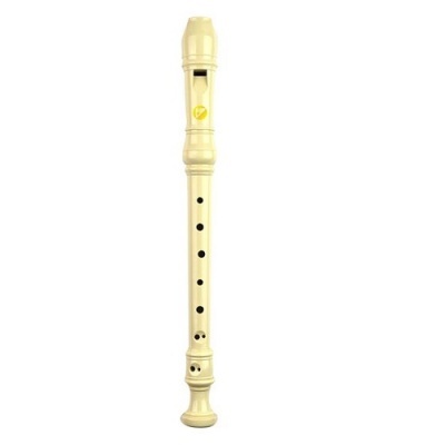 Flauta doce de plástico creme com orifícios sobre fundo branco