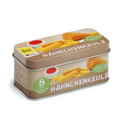 Lata metálica retangular com peças de madeira de jogo e texto em alemão