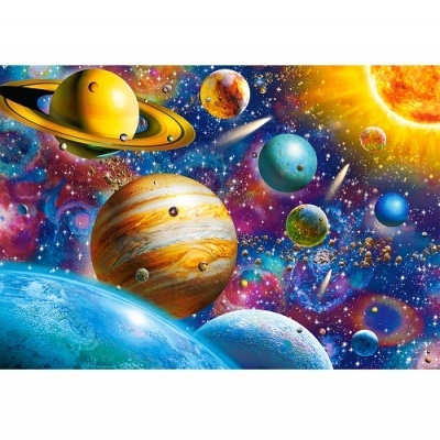 Ilustração colorida de um sistema solar fictício com planetas e o sol.