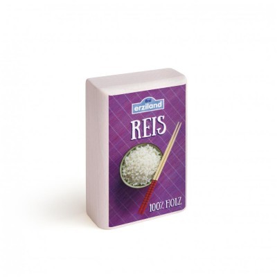 Pacote de arroz ERZILAND REIS com imagem de arroz branco e pauzinhos de sushi em fundo roxo