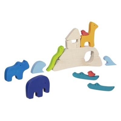 Blocos de madeira coloridos representando animais e formas abstratas