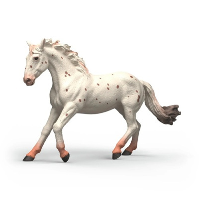 Figura de cavalo branco com pintas castanhas e crina esvoaçante