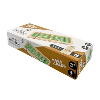 Mini jogo de futebol em caixa de cartão com imagem do jogo e saco de tecido