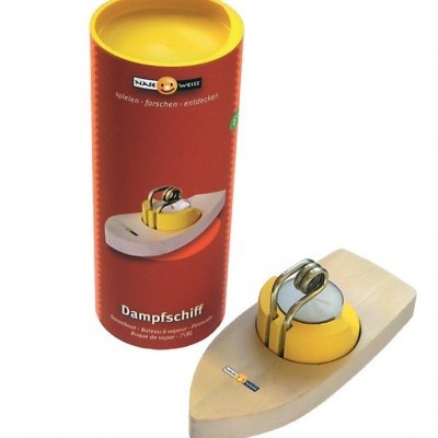 Brinquedo de vapor em madeira com embalagem cilíndrica vermelha e amarela