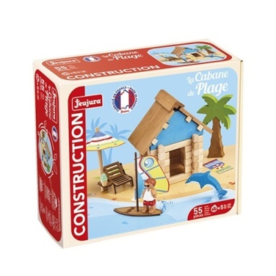 Brinquedo construção Jeujura La Cabane de Plage com peças de madeira e figuras de praia