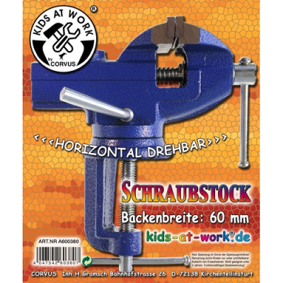 Morsa de bancada azul com texto e fundo laranja