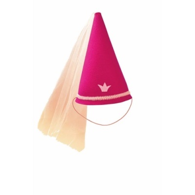 Chapéu cónico cor-de-rosa com véu translúcido bege e coroa branca