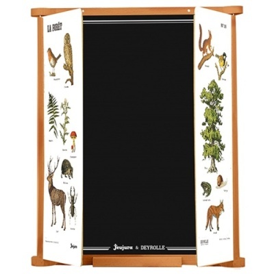 Quadro escolar de madeira com abas ilustradas de animais e plantas florestais e área preta para escrita