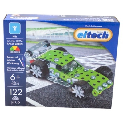 Caixa de brinquedo Eitech Racer Green com carro de peças metálicas verdes e prateadas e rodas pretas