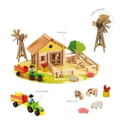 Conjunto de brinquedo de quinta em madeira com casa, animais, moinhos, trator e figuras