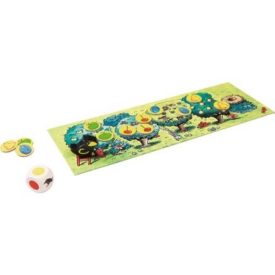Jogo de tabuleiro infantil colorido com peças de frutas e dado