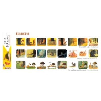 Sequência de ilustrações com esquilo e texto bilingue em francês e inglês