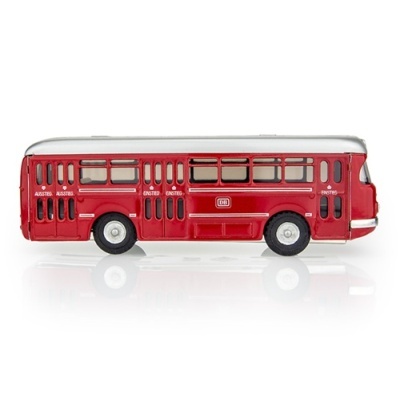 Miniatura de autocarro vermelho com tejadilho cinzento e janelas quadrangulares