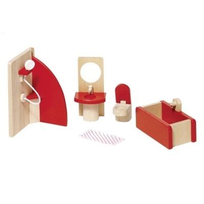 Conjunto de móveis de madeira para brinquedo com cores vermelha e natural