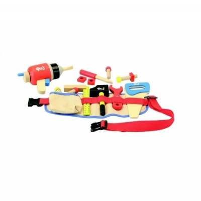 Conjunto de brinquedo de ferramentas em madeira coloridas com faixa vermelha