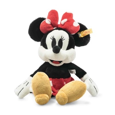 Pelúcia Minnie Mouse com laço vermelho, vestido vermelho e sapatos amarelos