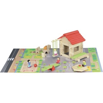 Jogo de brinquedos de madeira com casa e parque infantil colorido