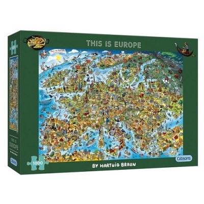 Caixa de puzzle com ilustração colorida de mapa da Europa e texto 'THIS IS EUROPE', 1000 peças