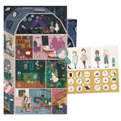 Ilustração de casa com divisões internas e folhas de adesivos de personagens e objetos